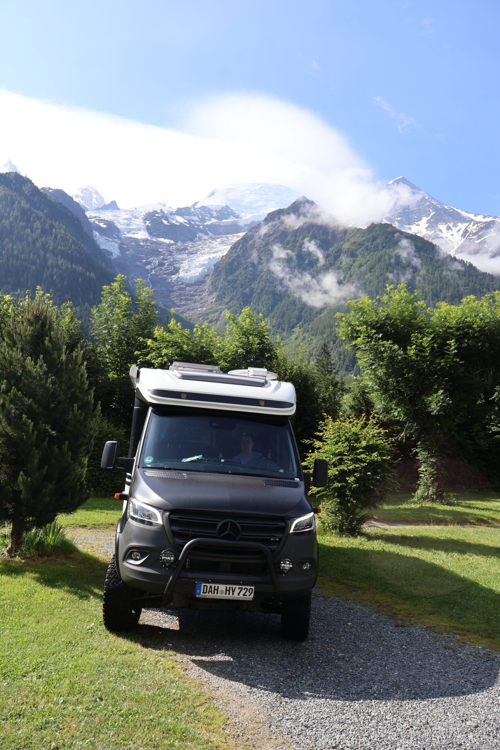 The Hymer at altitude — Alps backdrop