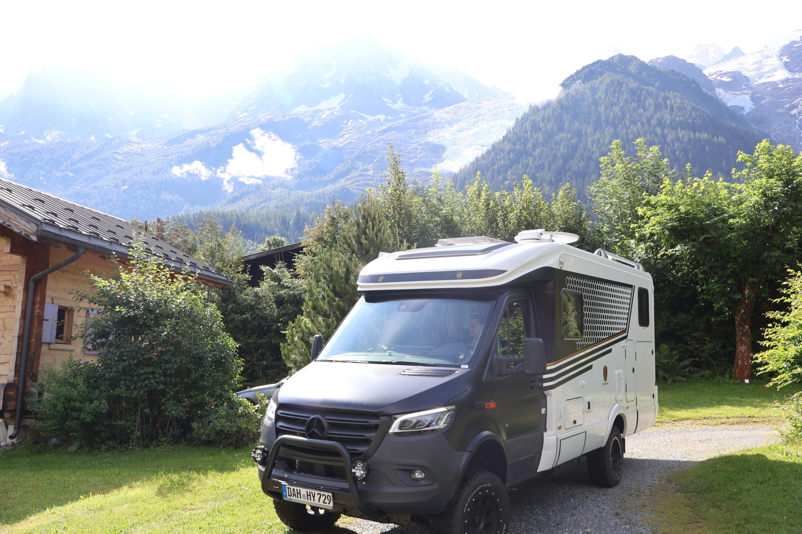 The Hymer parked up in the Alps