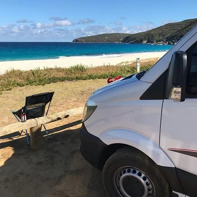 Winnebago parked at white beach, Western Australia